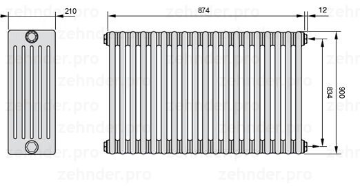 Схема (чертеж) Радиатор Zehnder Charleston 6090/19 №7610 Белый глянцевый RAL 9016